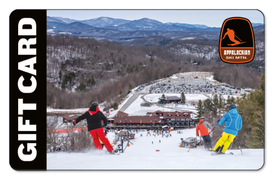 Appalachian Ski logo in top right corner over photo of skiers and resort. "Gift Card" displayed in left side